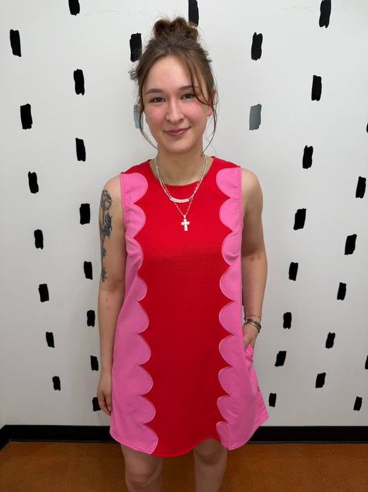 Cotton Blend Sleeveless Dress W/ Scalloped Panels