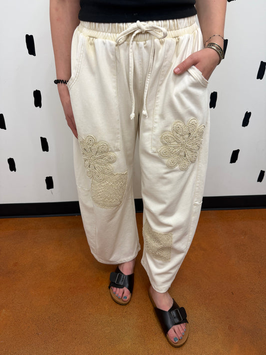 Cream Mineral Wash Crochet Patch Pants
