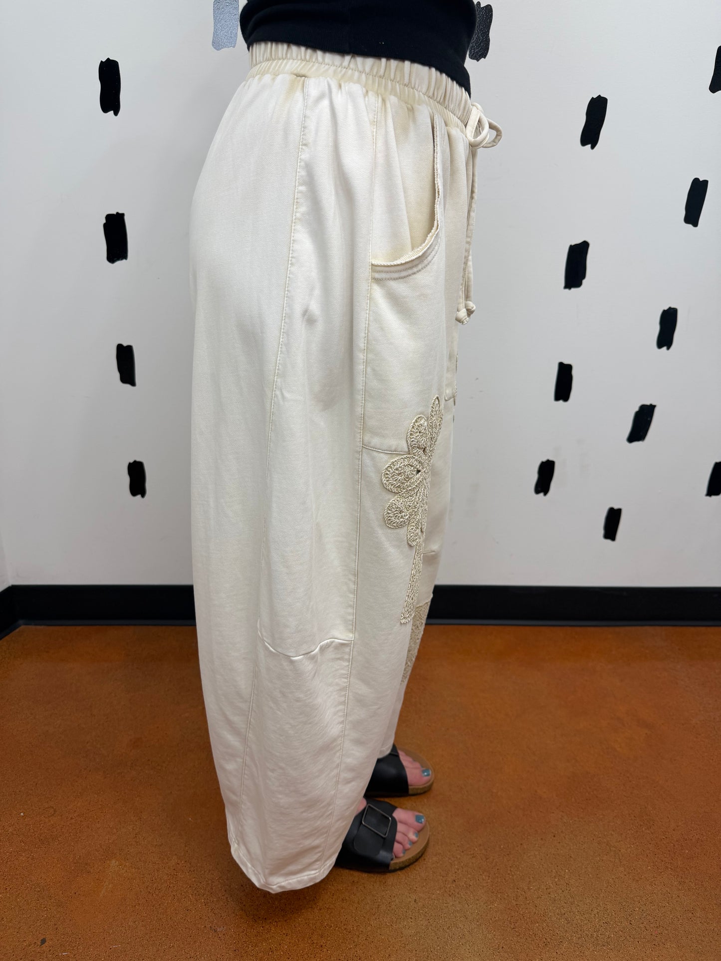 Cream Mineral Wash Crochet Patch Pants