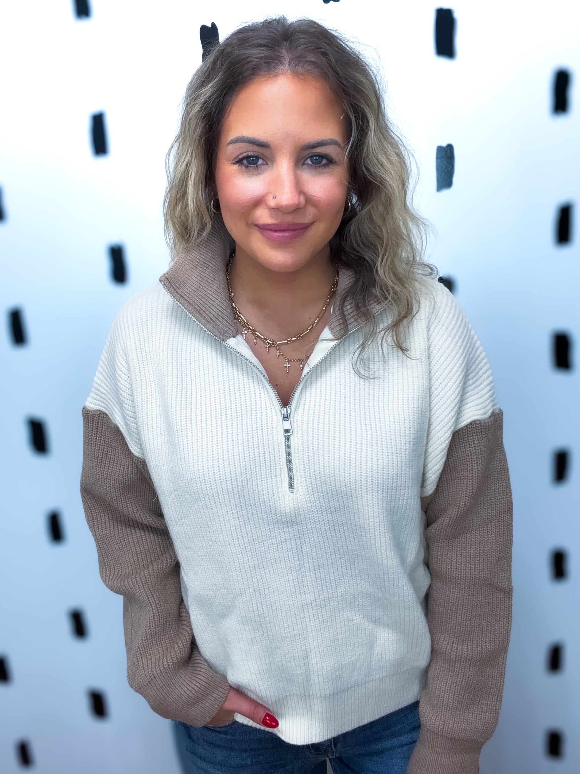 Ivory/Taupe Half Zip Sweater - Boss Boutique