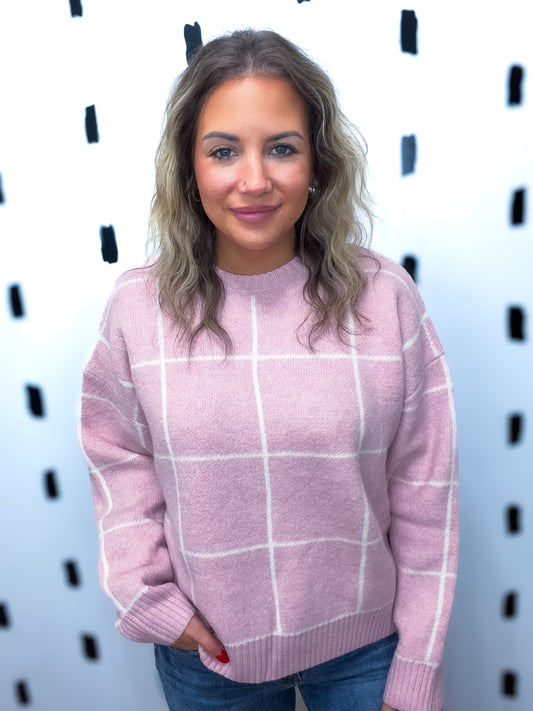 Pink Grid Crew Neck Sweater