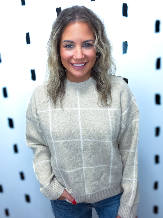 Taupe Grid Crew Neck Sweater