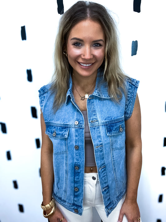 Med Wash Oversized Denim Vest