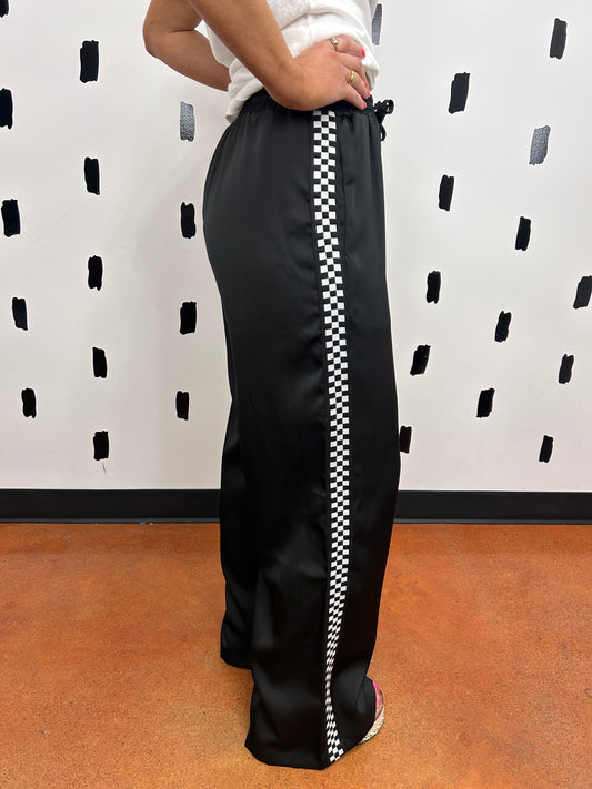 Black Checkered Side Satin Pants