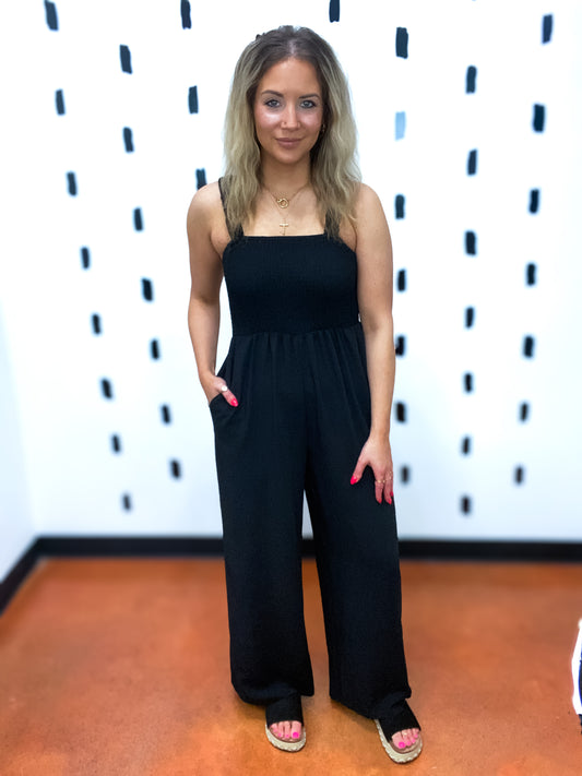 Black Smocking Wide Leg Jumpsuit