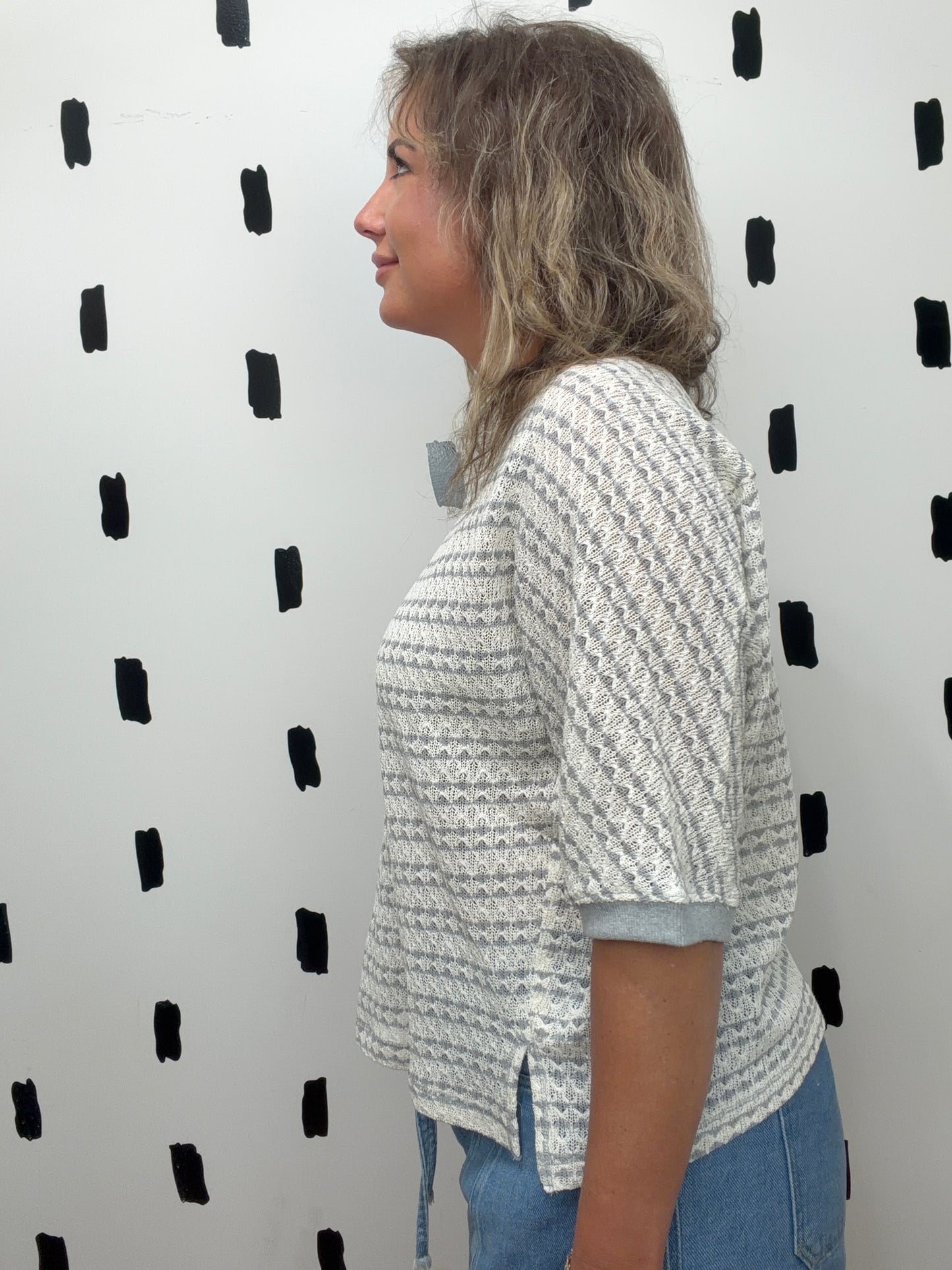 Grey Textured Stripe Knit Top