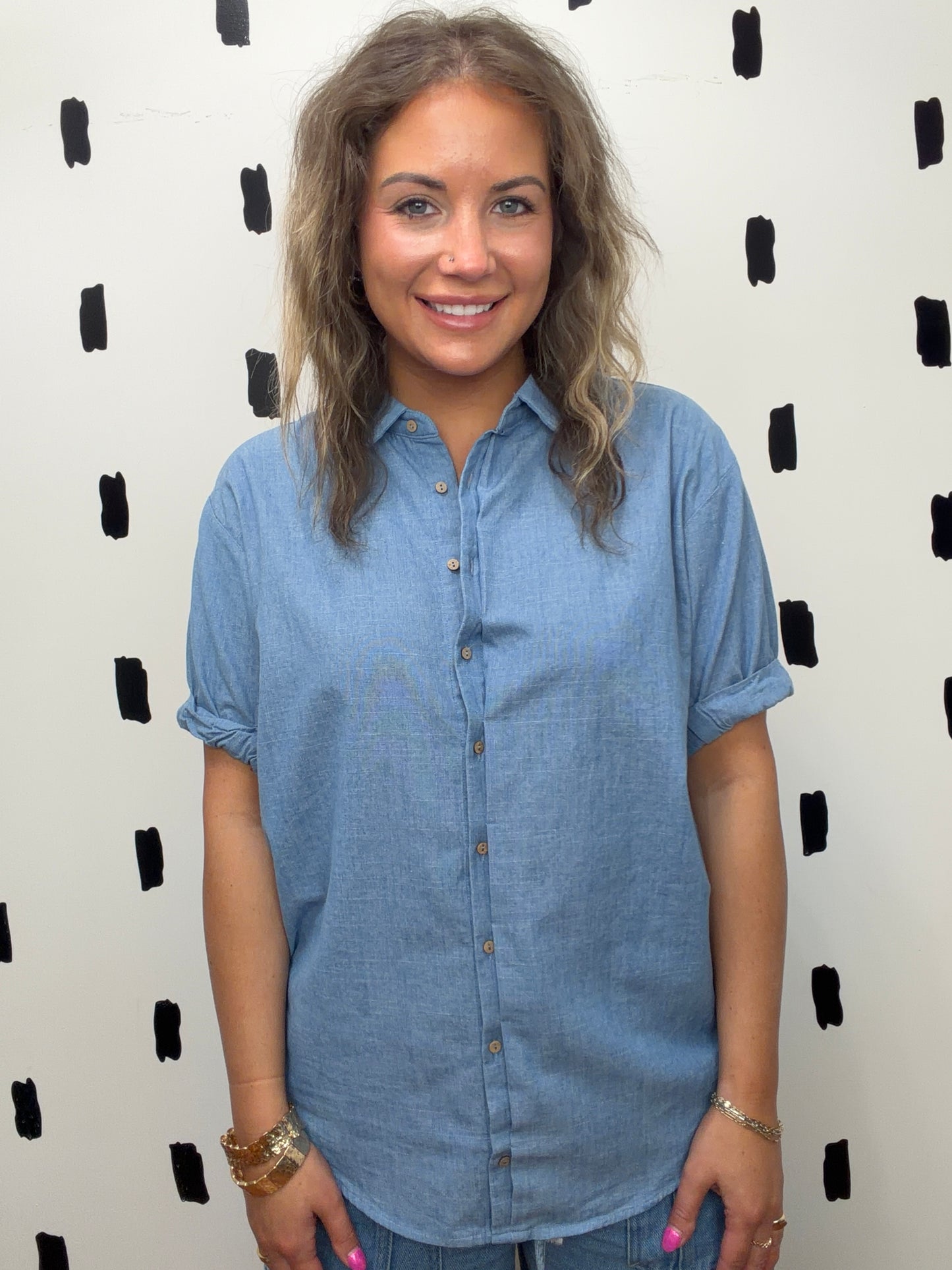 Light Denim Short Sleeve Button Up Top