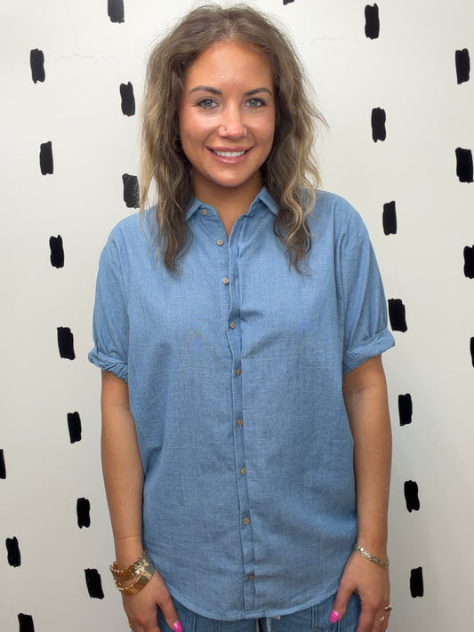 Light Denim Short Sleeve Button Up Top