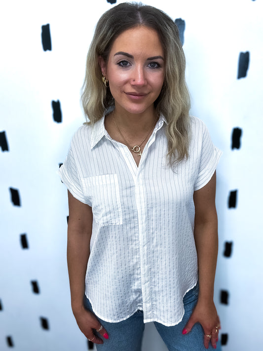 Off White Pinstripe Short Sleeve Collared Blouse