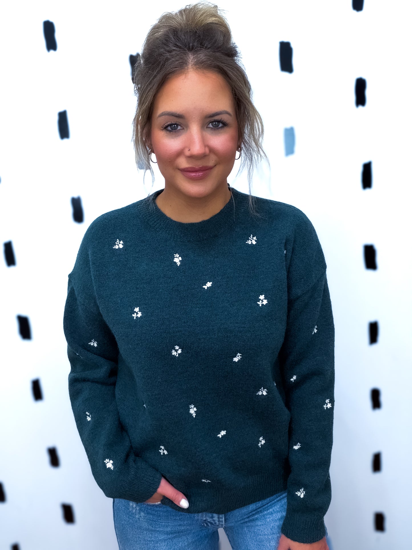 Emerald Ditsy Floral Crew Neck Sweater