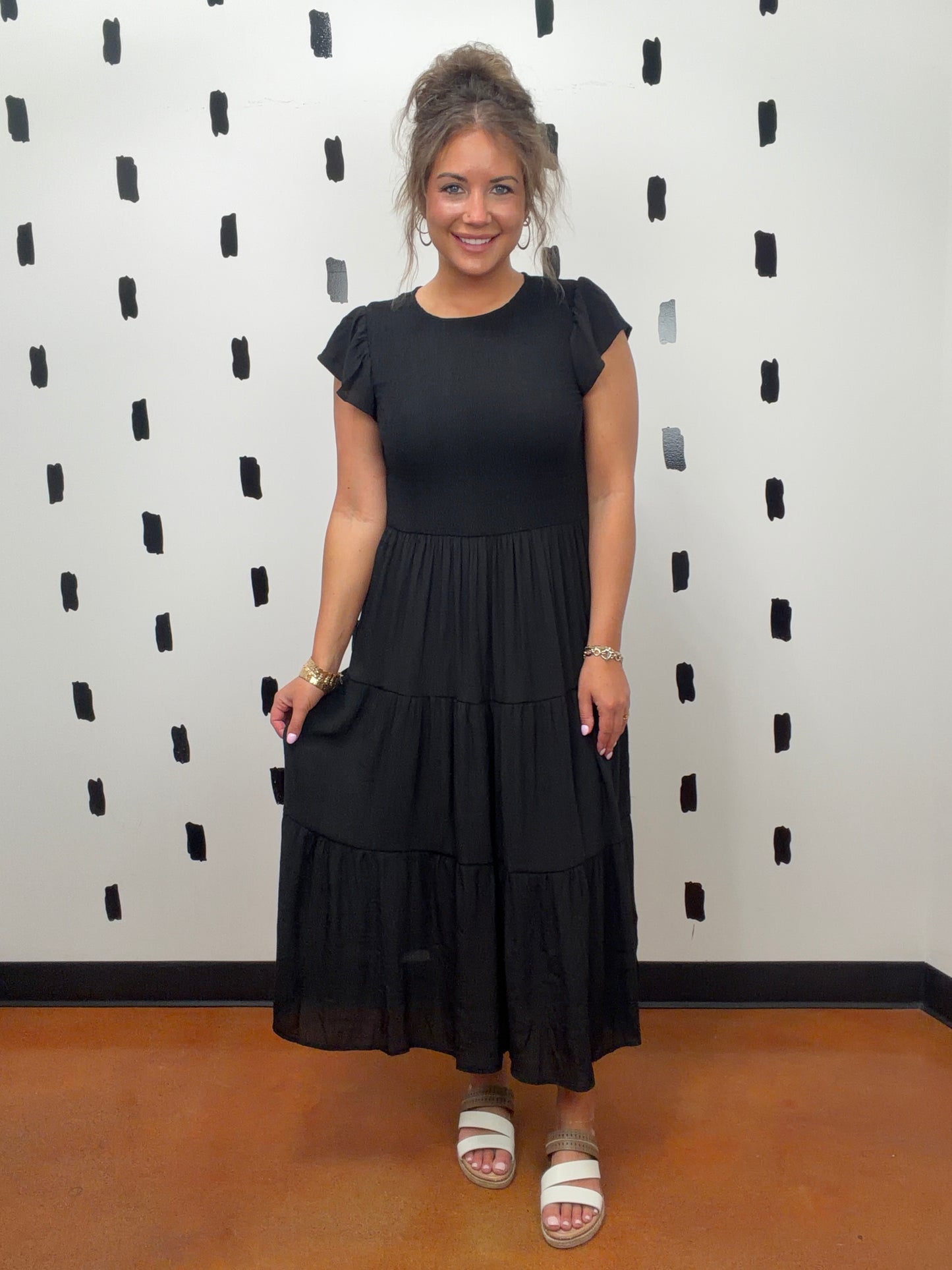 Black Ruffle Sleeve Tiered Dress