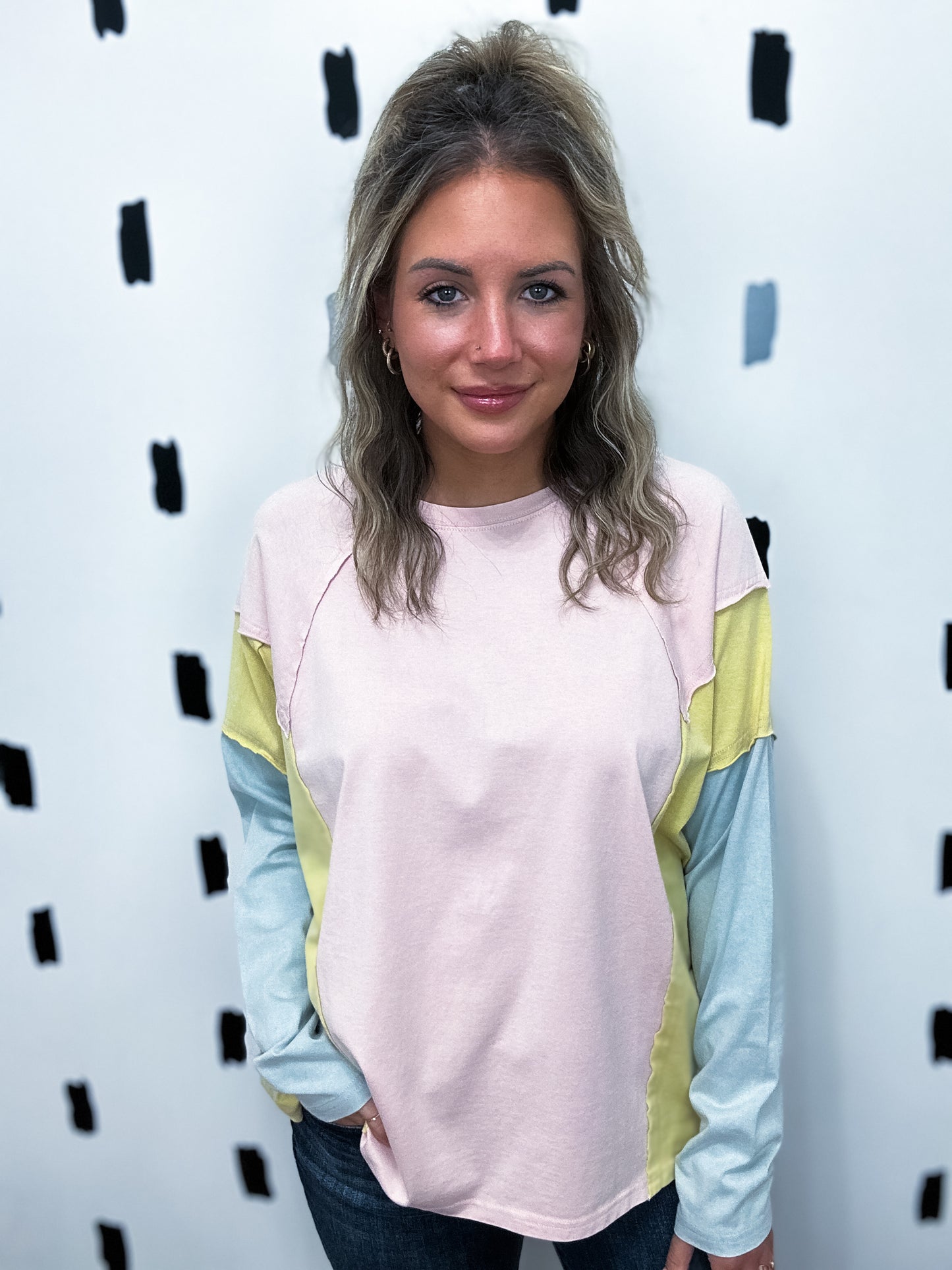 Pink/Blue Colorblock Patchwork Long Sleeve Top