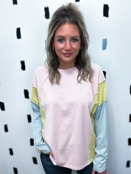Pink/Blue Colorblock Patchwork Long Sleeve Top