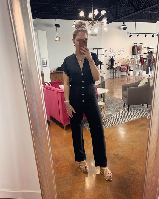 Black V-Neck Pocket Jumpsuit