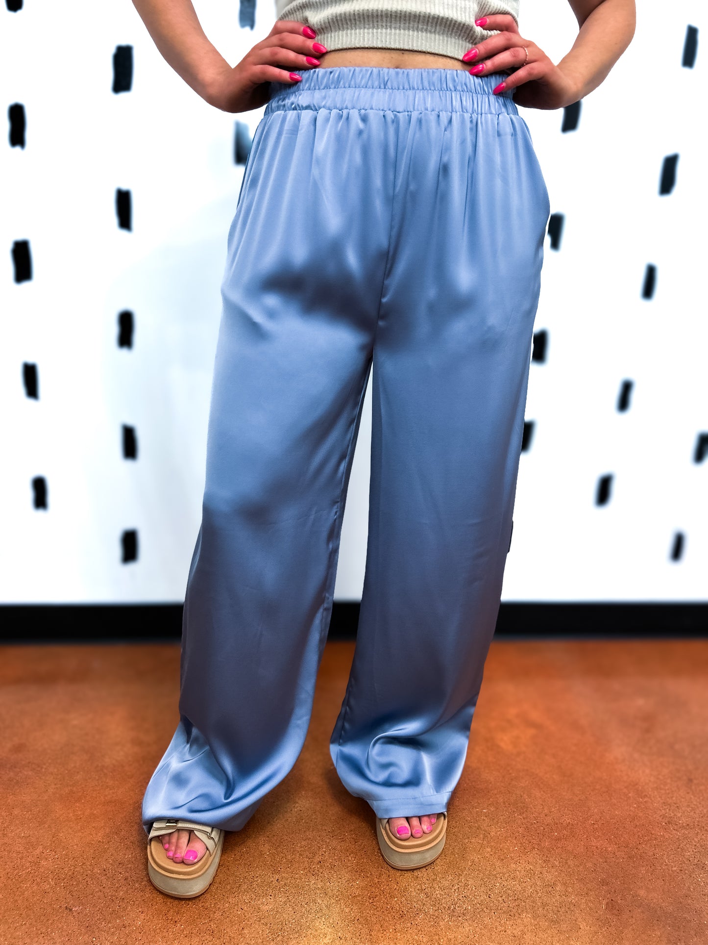 Dusty Blue Satin Wide Leg Pants