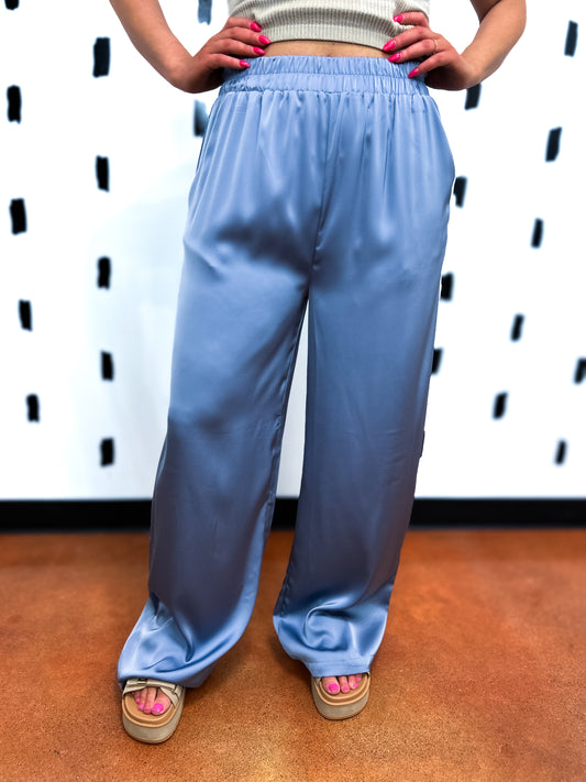 Dusty Blue Satin Wide Leg Pants