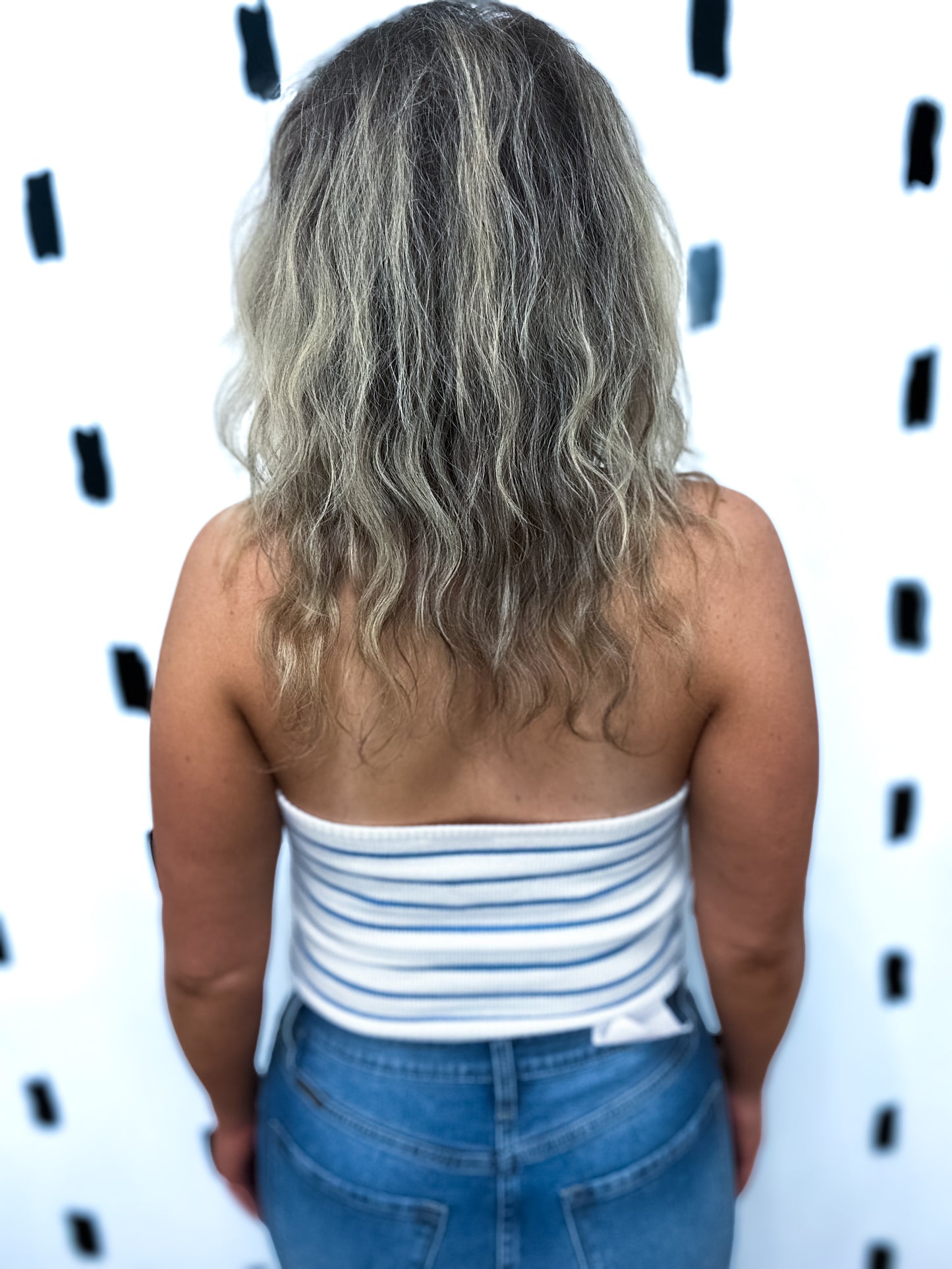 Ivory/Blue Knit Strapless Top