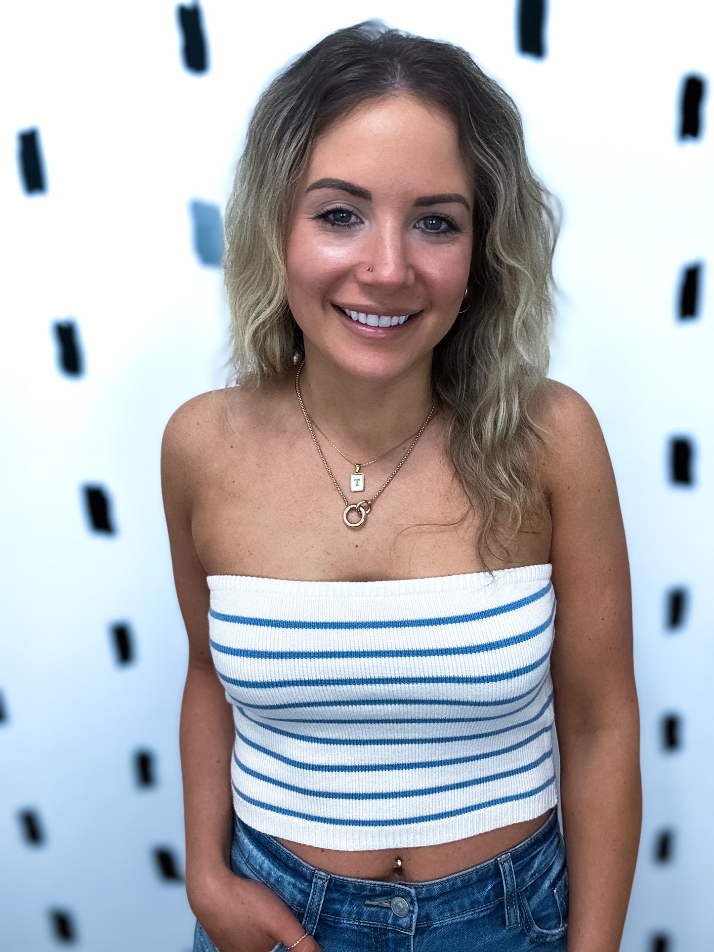 Ivory/Blue Knit Strapless Top