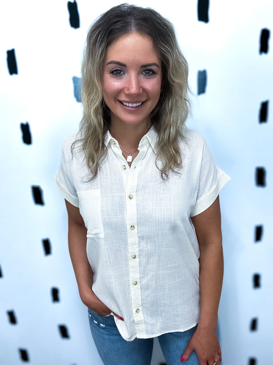 White Collared Button Down Short Sleeve Top