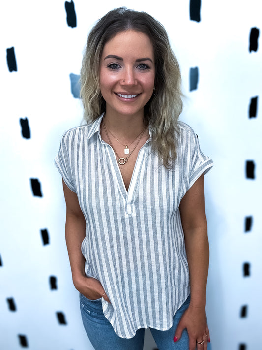 Black Stripe Collared Cuff Short Sleeve Blouse