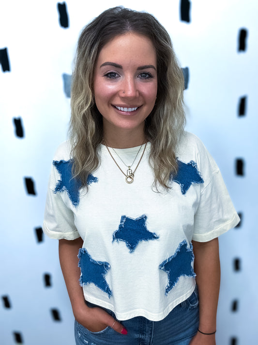 Ivory Denim Star Patch Short Sleeve Tee