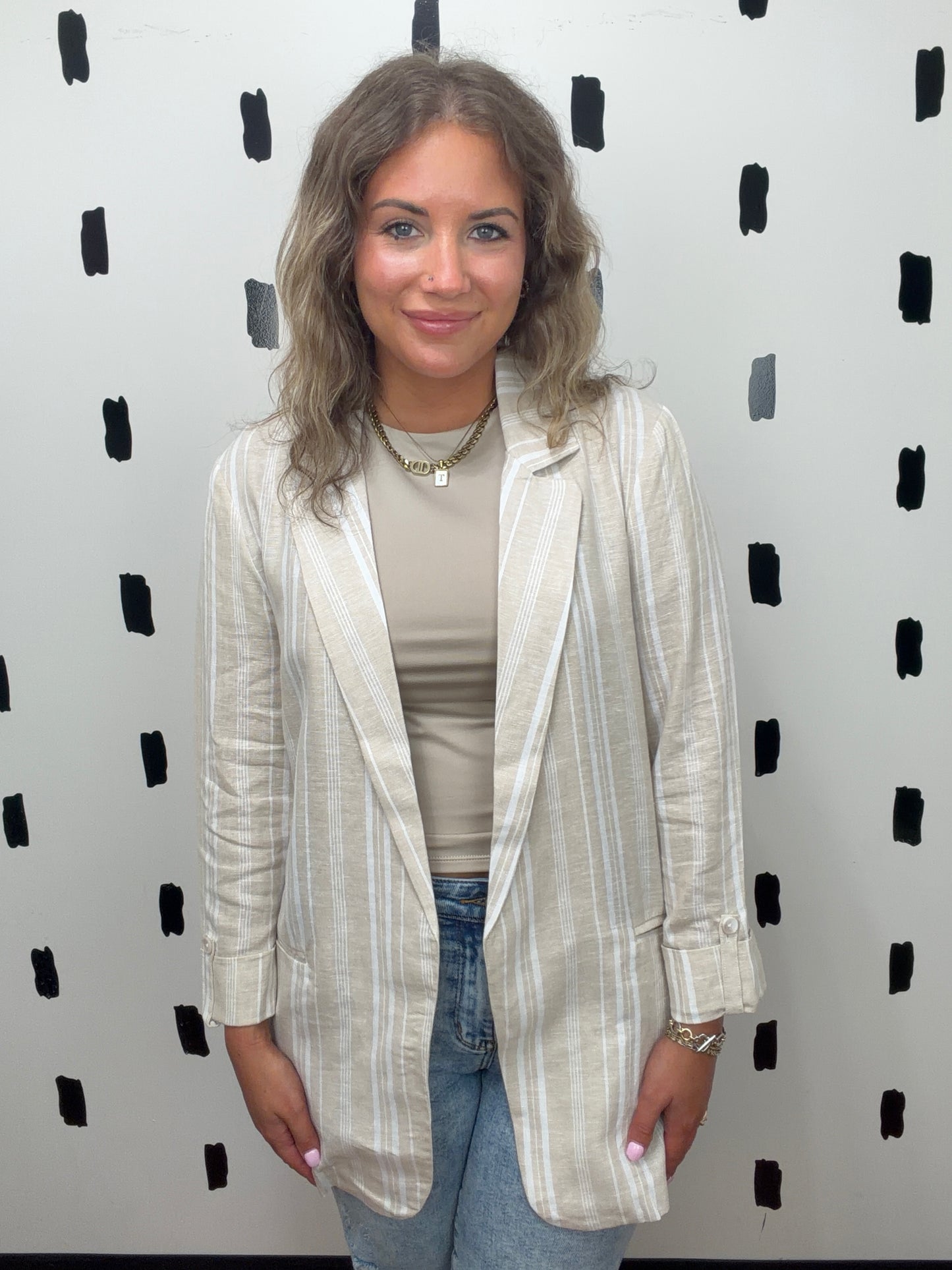 Tan/White Linen Blend Stripe Blazer
