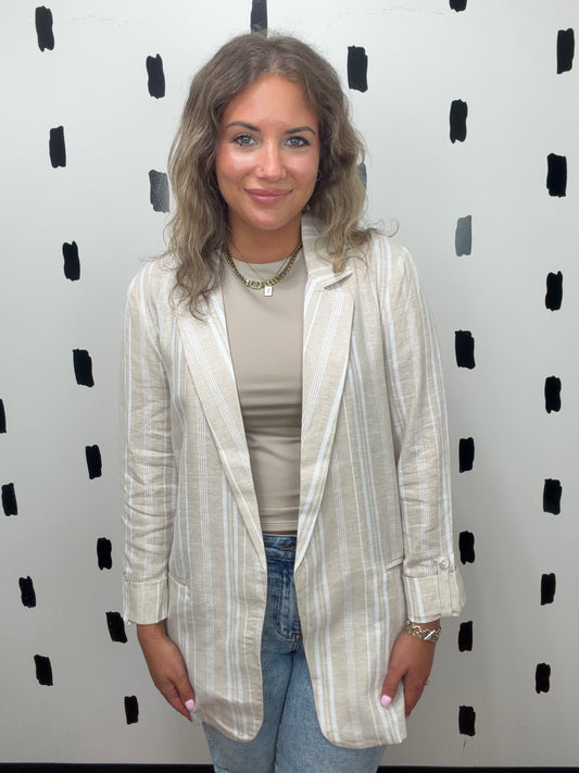 Tan/White Linen Blend Stripe Blazer