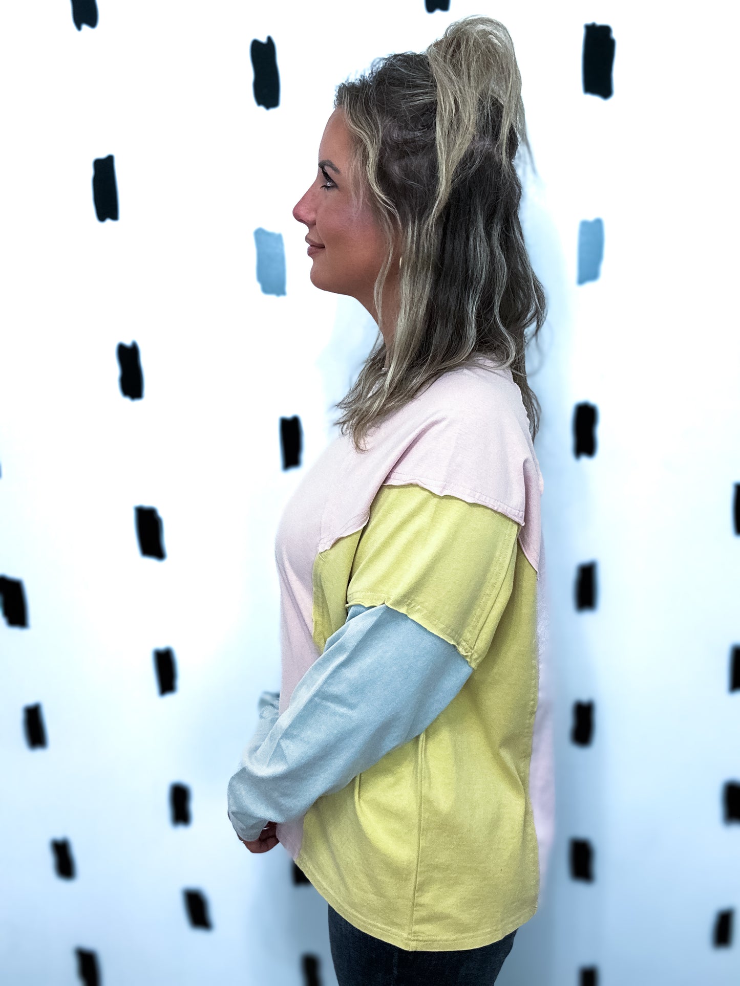 Pink/Blue Colorblock Patchwork Long Sleeve Top