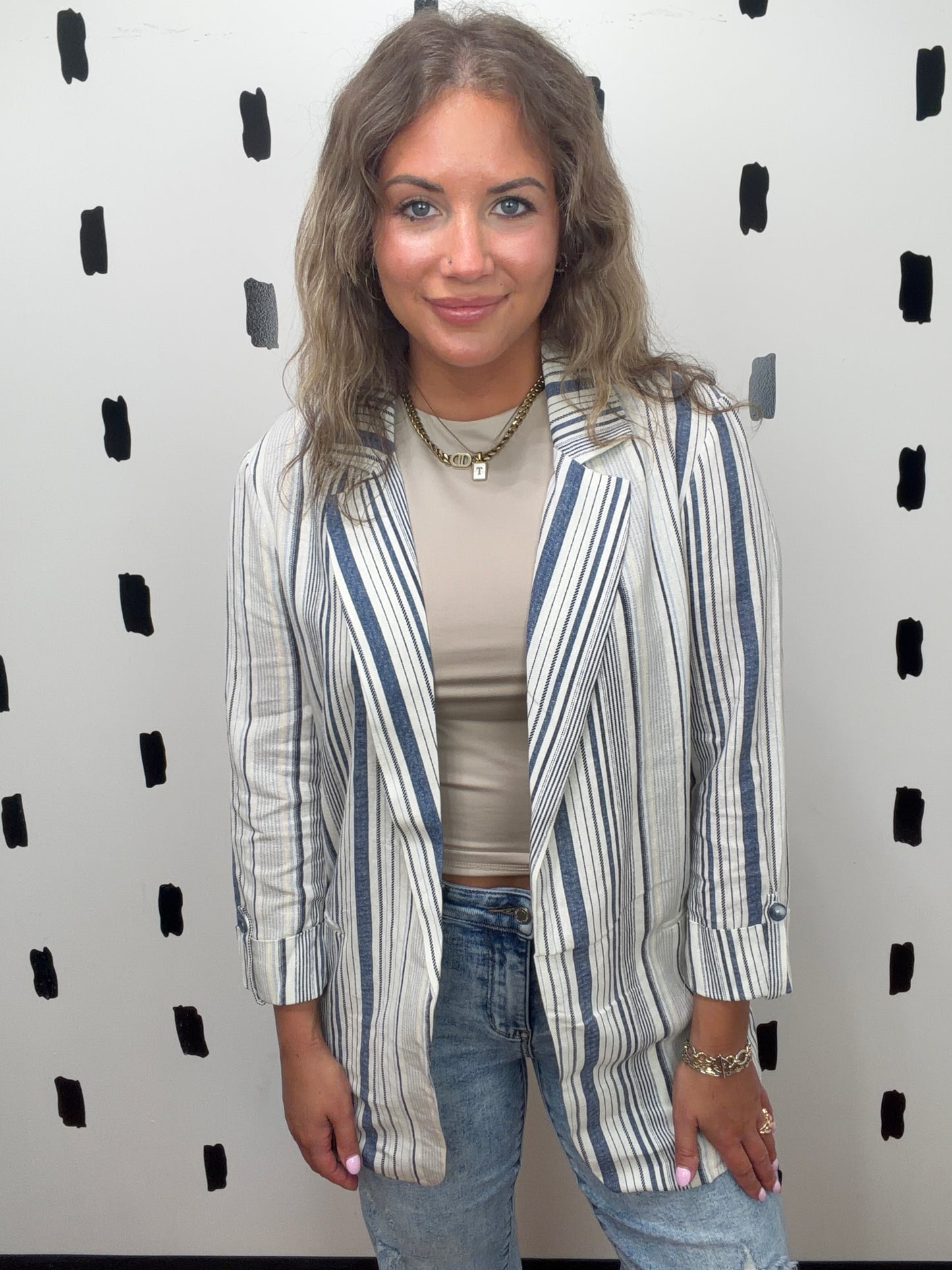 Navy/Tan Linen Blend Stripe Blazer