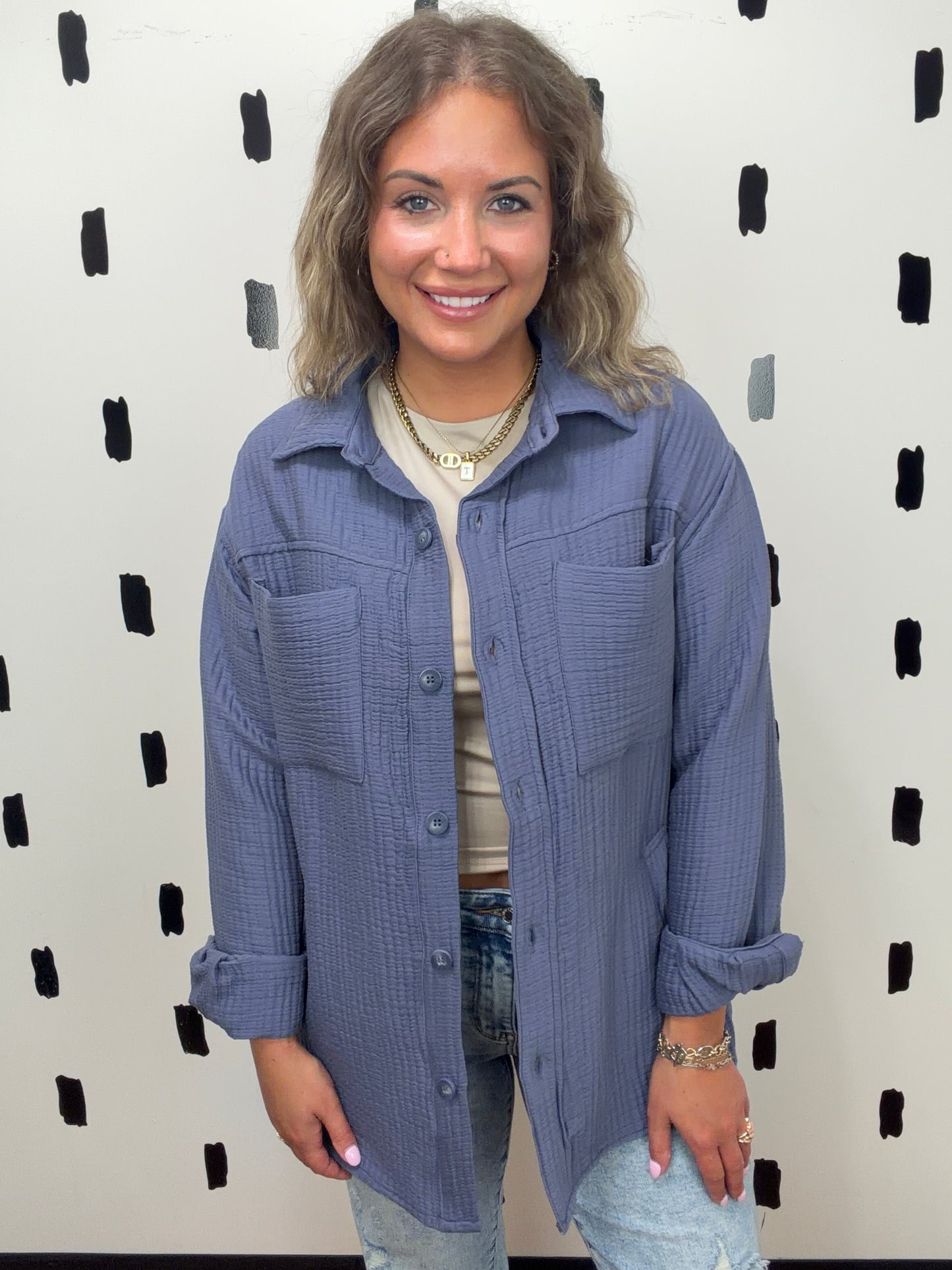 Blue Crinkle Gauze Shacket