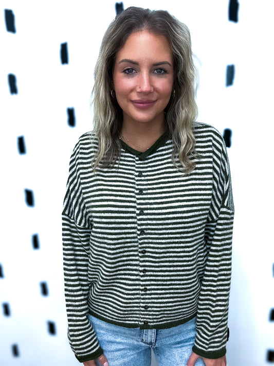 Olive Striped Raw Edge Knit Cardigan
