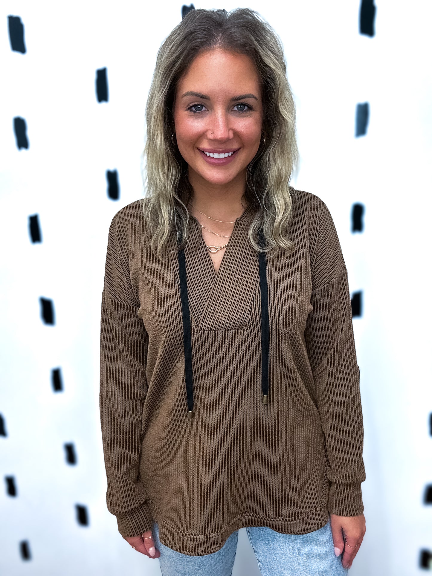 Caramel V-Neck Hoodie Sweatshirt