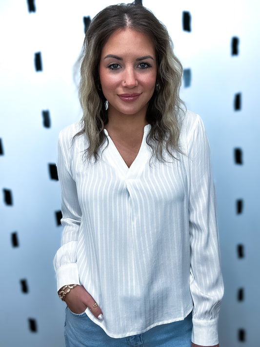 White Long Sleeve Pleated Blouse