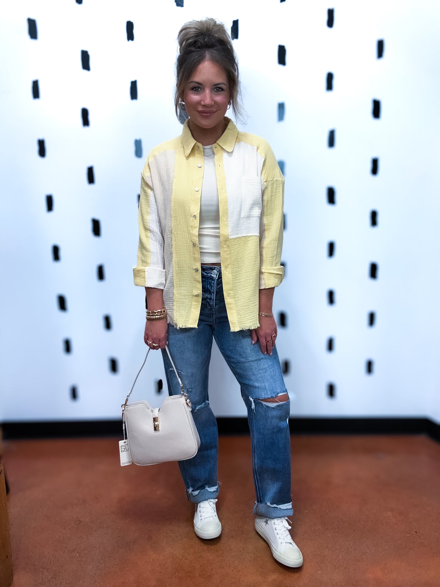 Butter Yellow Color Block Button Up Top