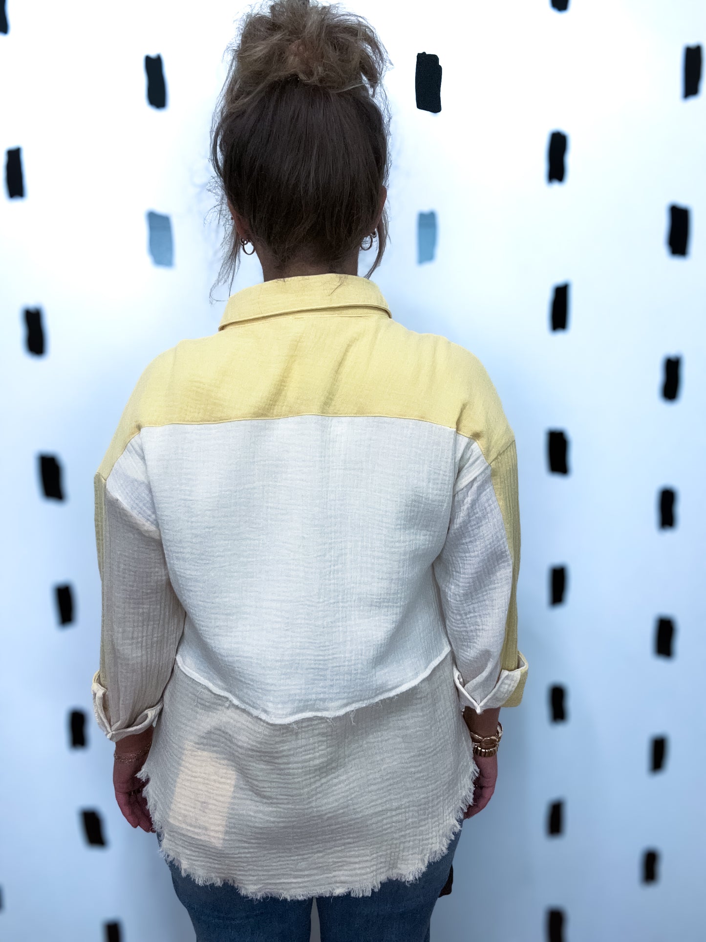 Butter Yellow Color Block Button Up Top