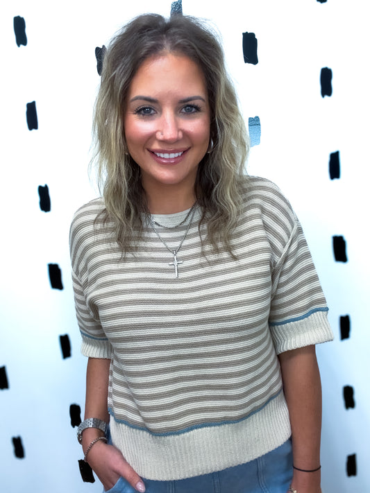 Khaki Striped Raw Edge Short Sleeve Sweater