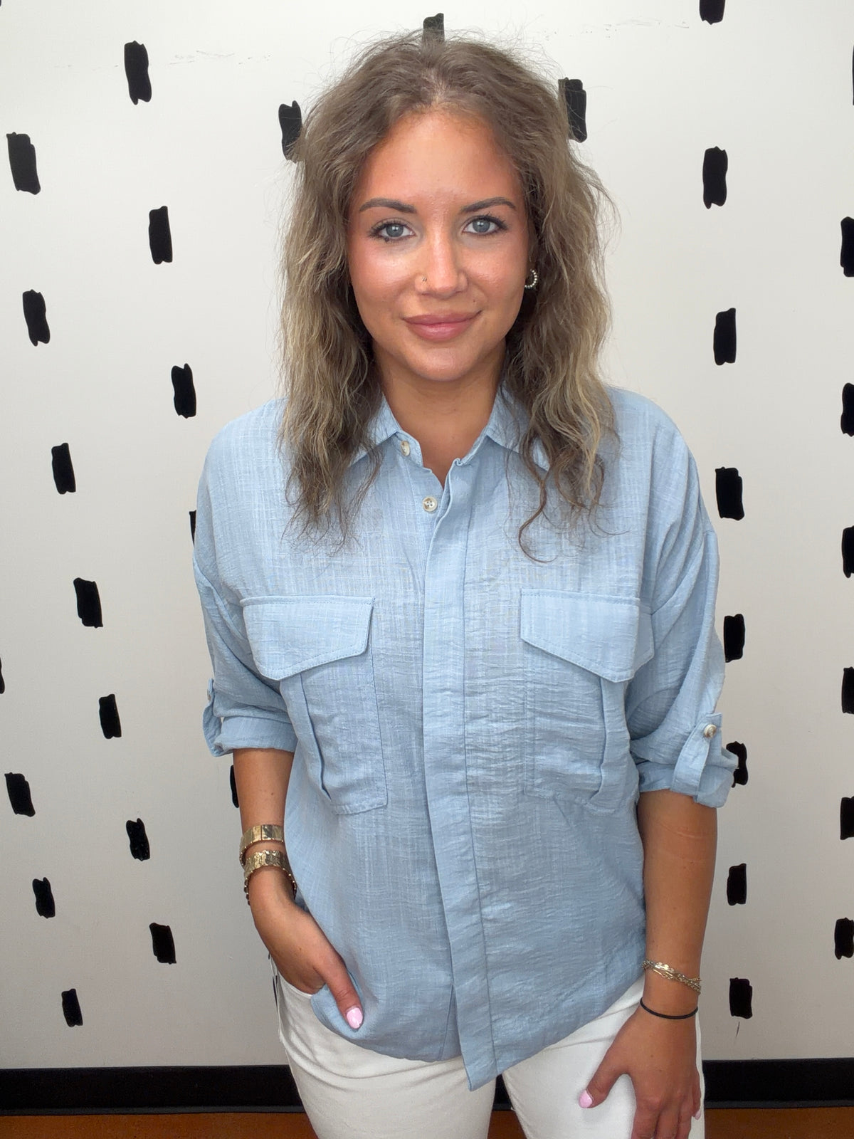 Blue Collared Button Up Blouse