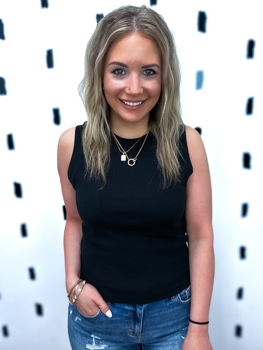 Black Basic Ribbed Crew Neck Sleeveless Top