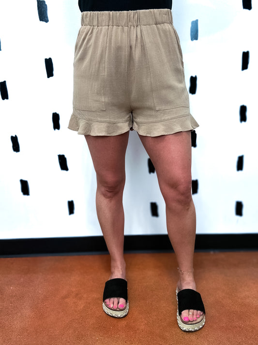 Taupe Flared Hem Elastic Band Shorts
