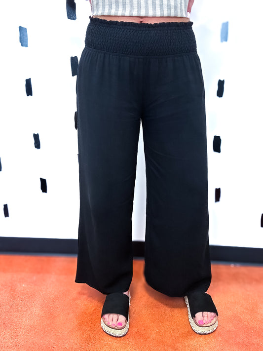 Black Smocked High Waist Wide Leg Pants
