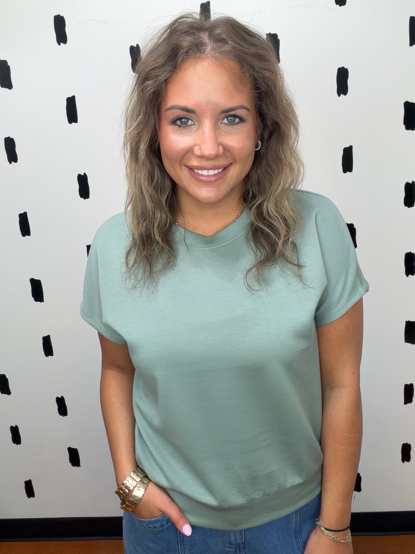 Sage Green Crew Neck Short Sleeve Top