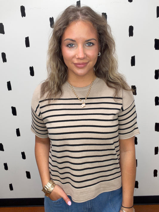 Dk.Taupe Striped Short Sleeve Knit Top