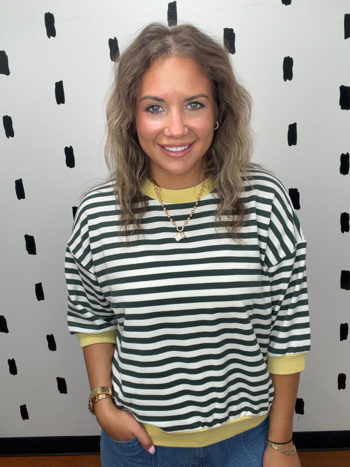 Hunter Green Stripe Short Sleeve Knit Top
