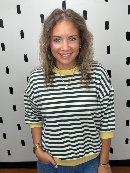 Hunter Green Stripe Short Sleeve Knit Top