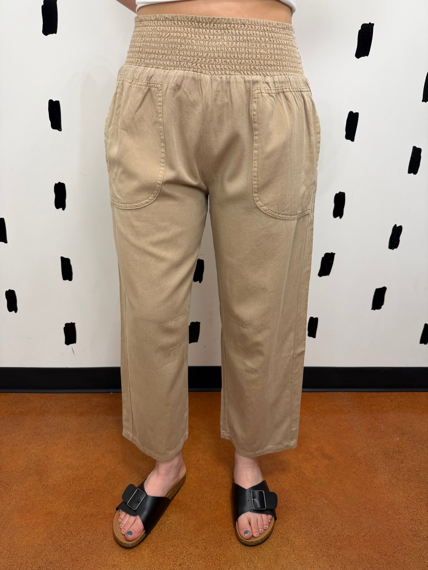 Khaki Smocked Waist Wide Leg Pants