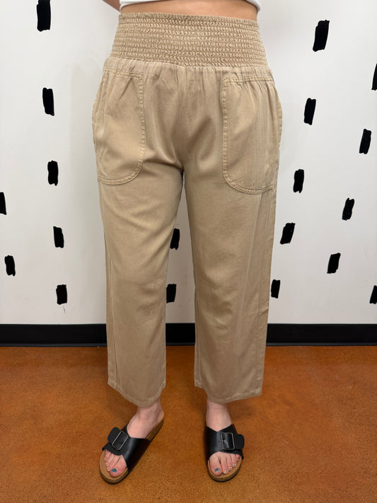 Khaki Smocked Waist Wide Leg Pants