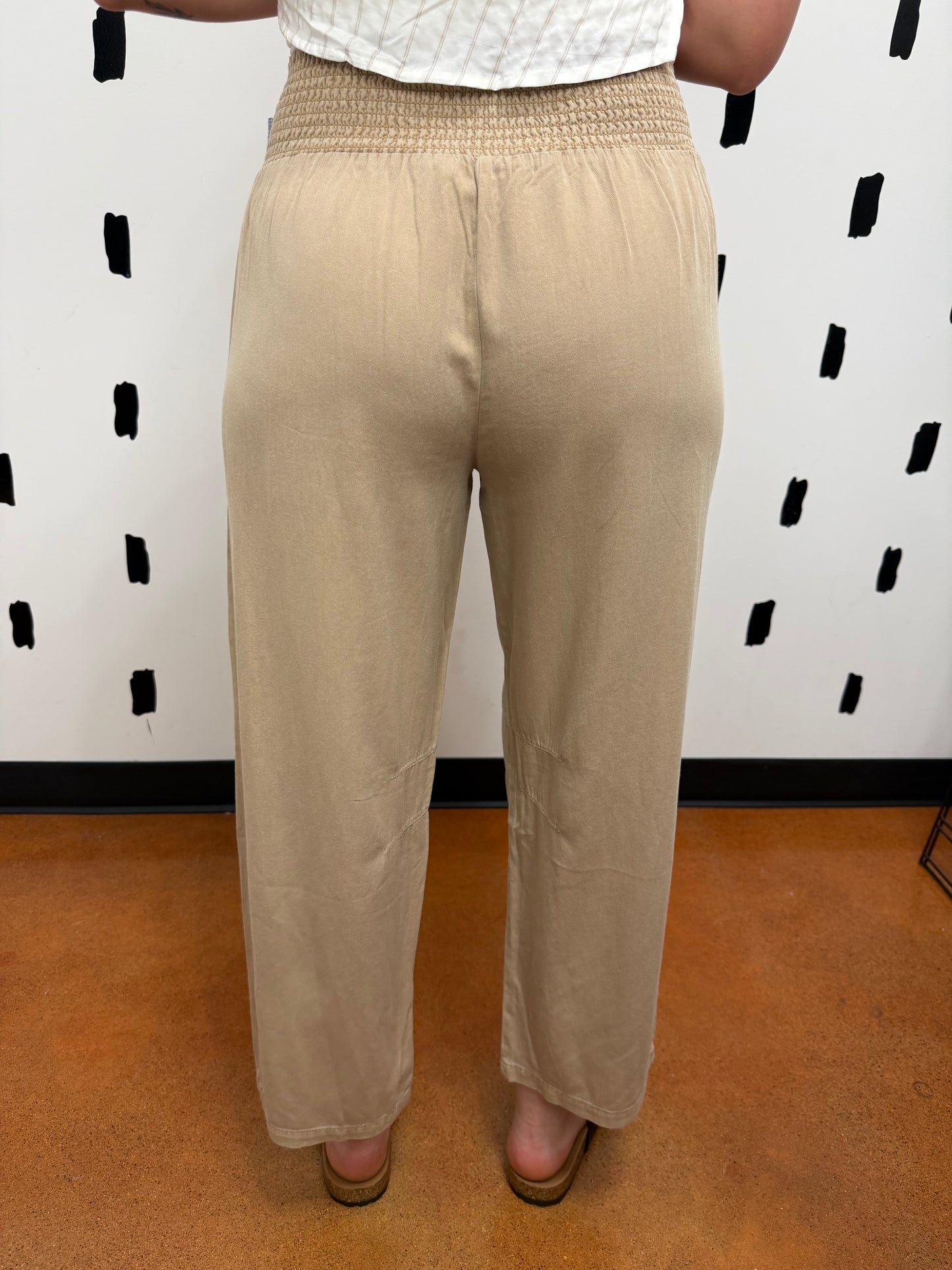 Khaki Smocked Waist Wide Leg Pants