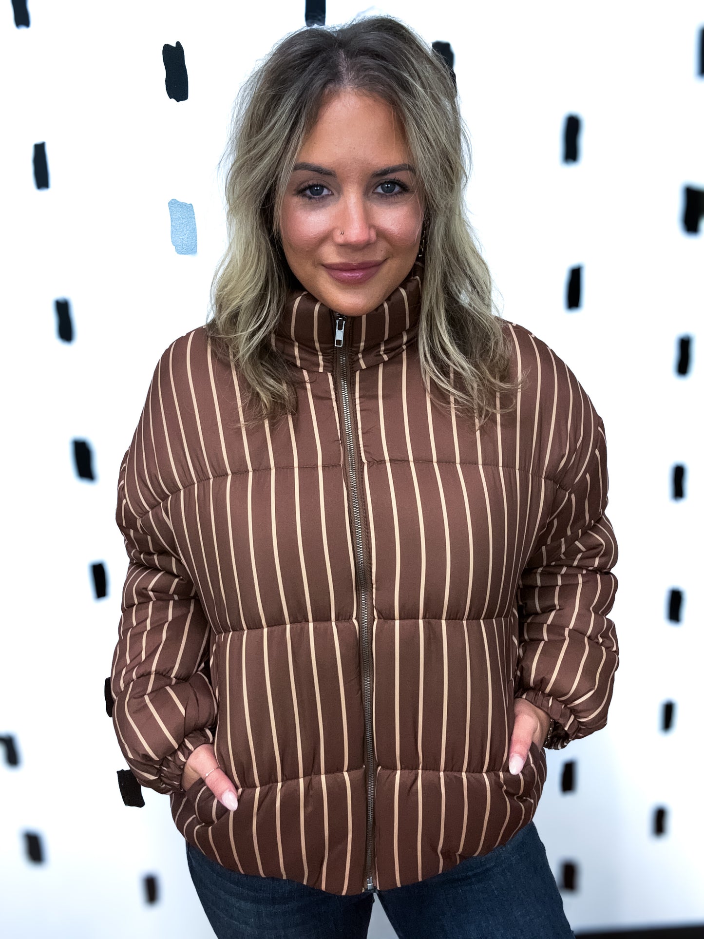 Brown Striped Puffer Coat