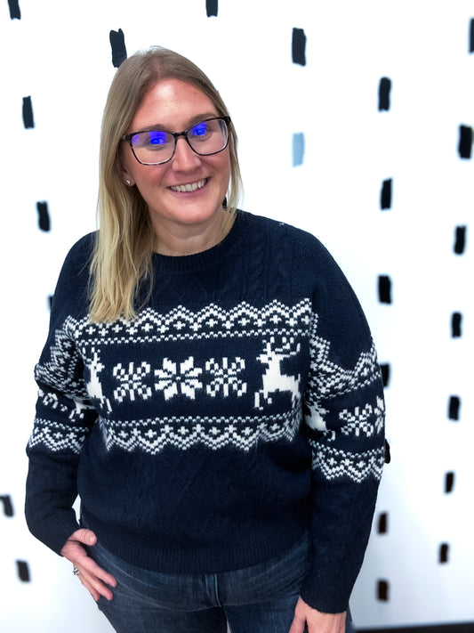 Navy Snowflake Deer Knit Sweater