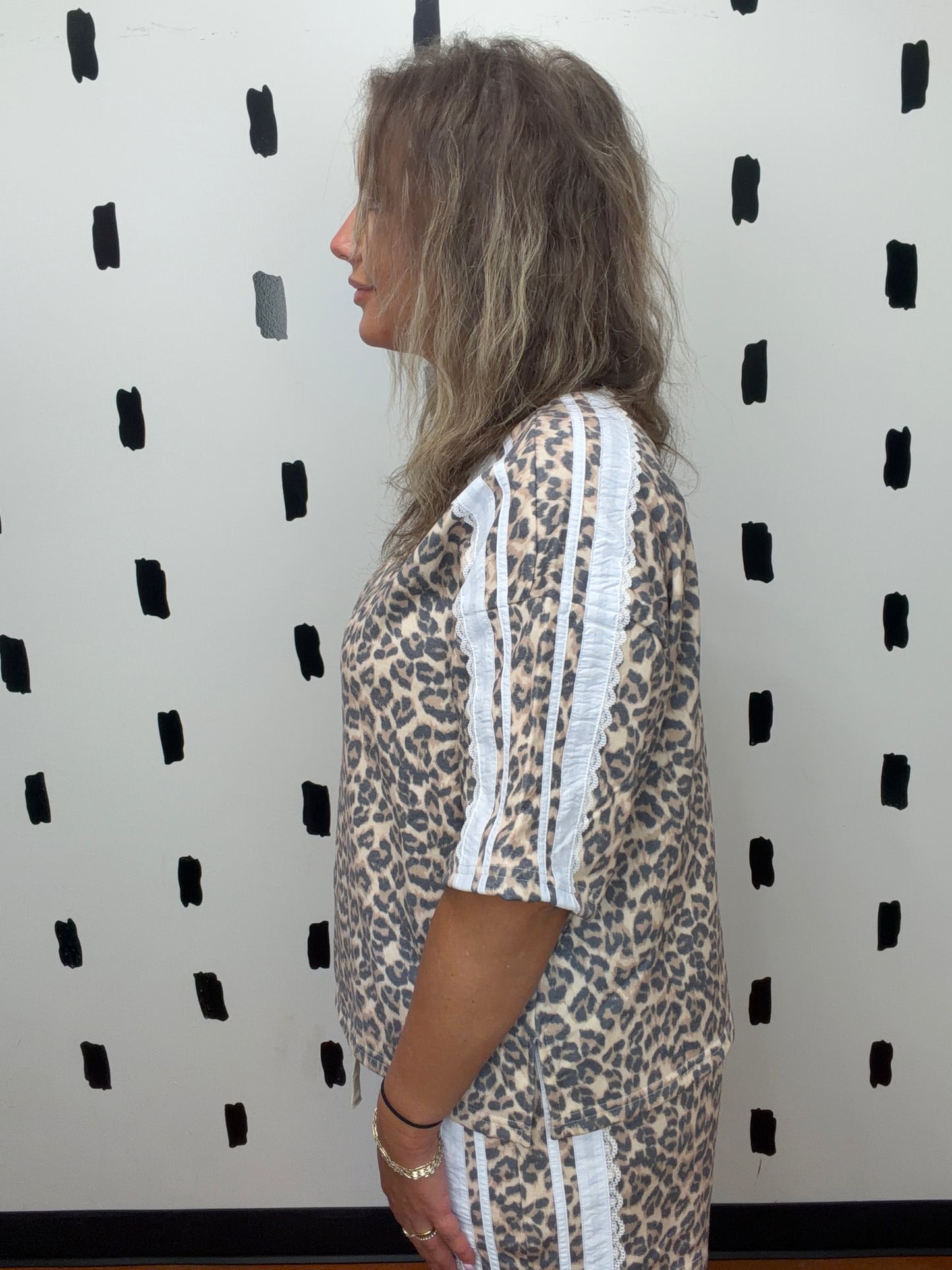 Leopard Lace Side Detail Short Sleeve Top